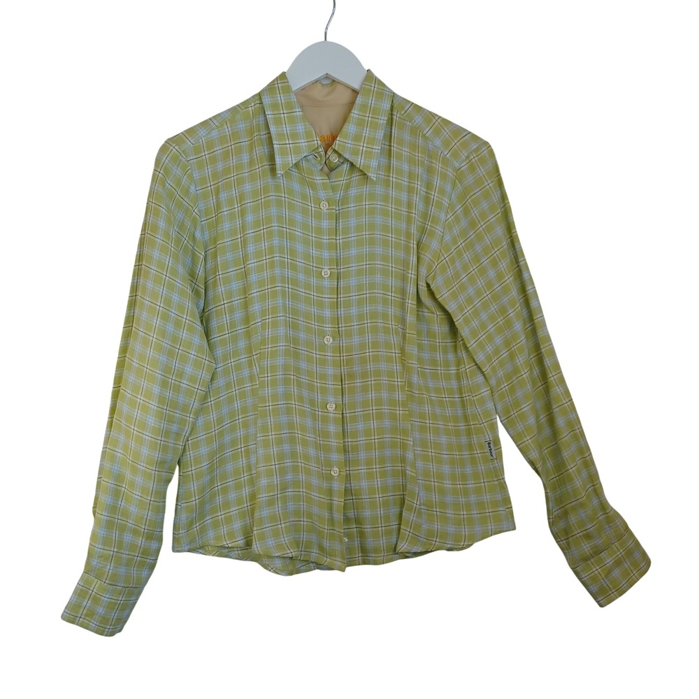 Barbour The Ladies Shirt Green Blue Plaid 100% Linen Button Down Long Sleeve 8